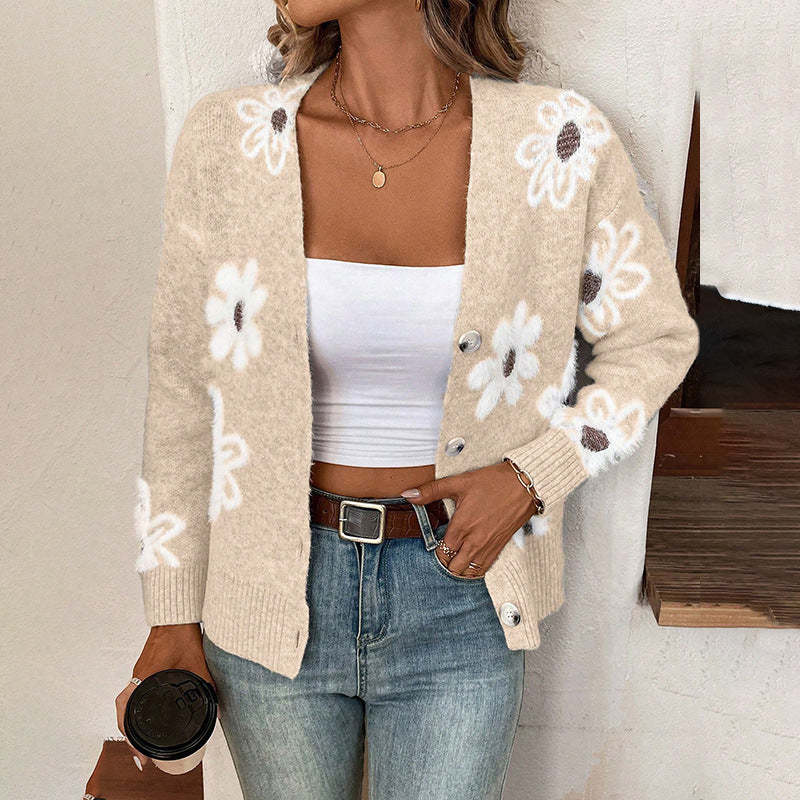 Cardigan à Boutons Imprimé Fleurs – Élégance Décontractée