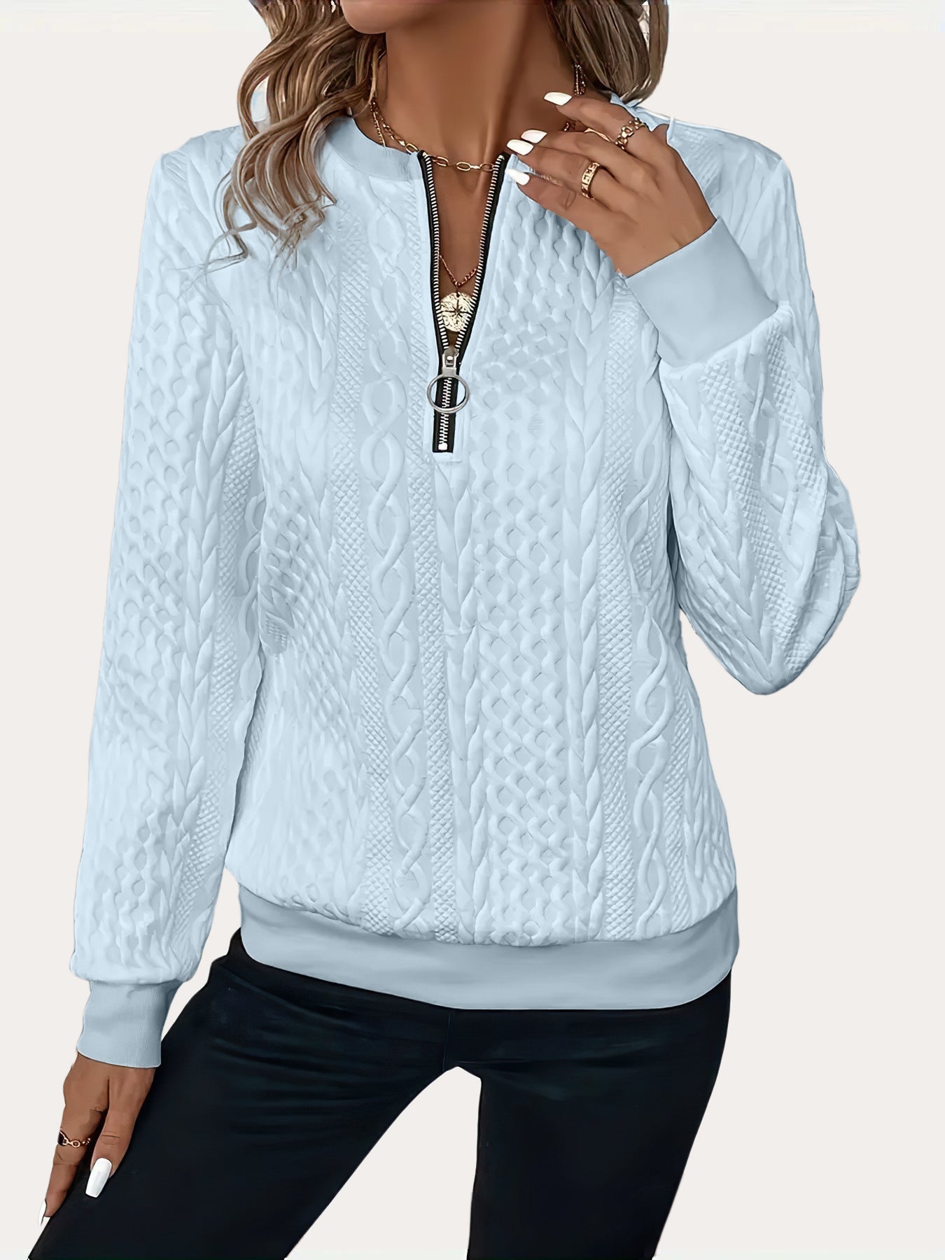 Pull Décontracté Uni à Demi-manches et Fermeture Éclair