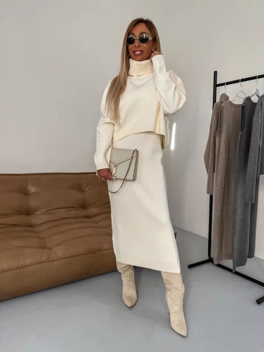 Ensemble Tricot Hiver – Pull Col Roulé & Robe Longue Sans Manches
